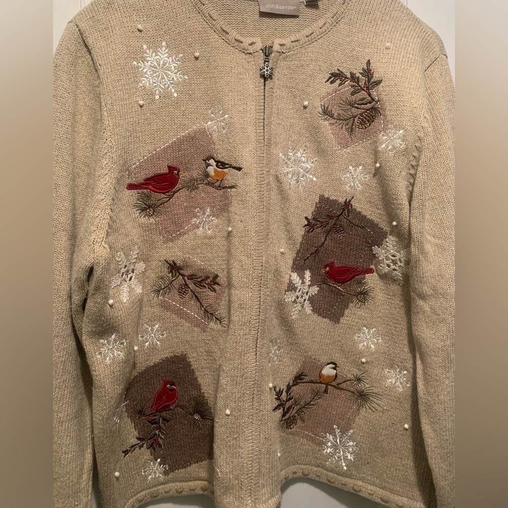 Croft & Barrow Embroidered Cardinal Winter Zip Cardigan Silk Blend Patchwork XL - Picture 2 of 16